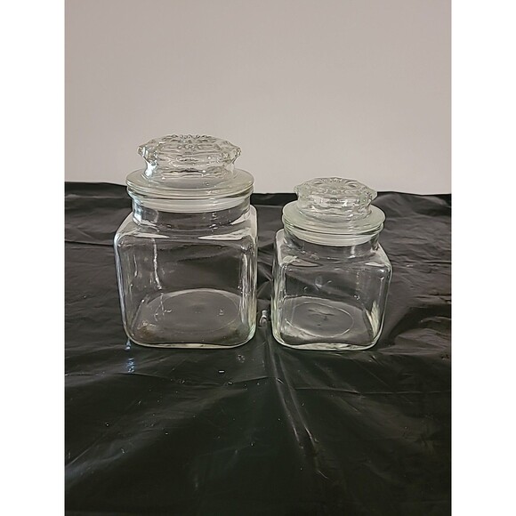 (2) Vintage Anchor Hocking Square Kitchen Jar Canister Clear Glass Starburst Lid - Picture 1 of 9